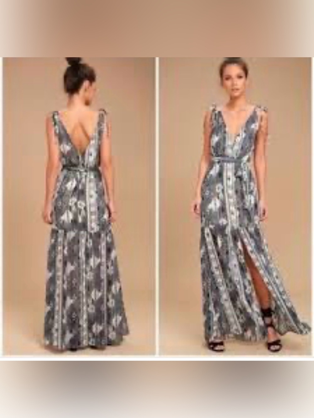 Lulu's Gray Bohemian Aztec Printed V-Neck Maxi Dress with Front Slit size large